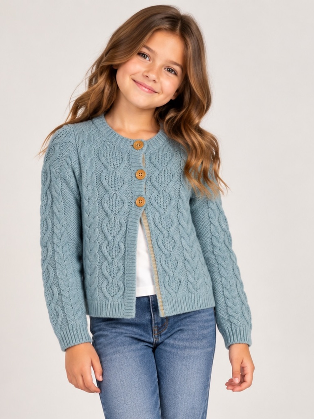 Mini Boden Girls Blue Cable Knit Cardigan Sweater Size 6-7Y Cottagecore Preppy